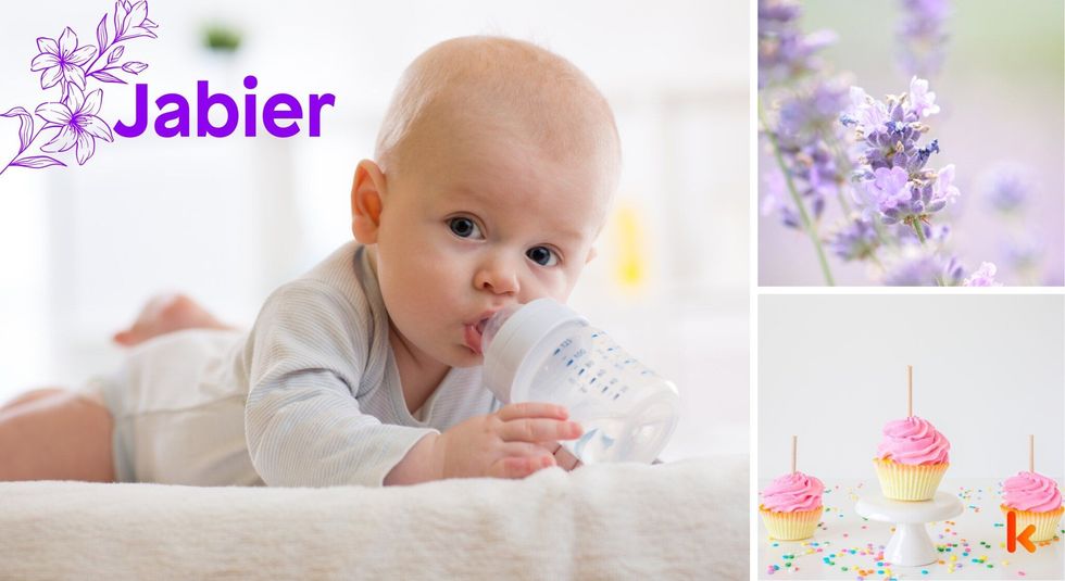 Baby Names Jabier - Cute baby, bib, cupcakes, purple, flowers & romper.