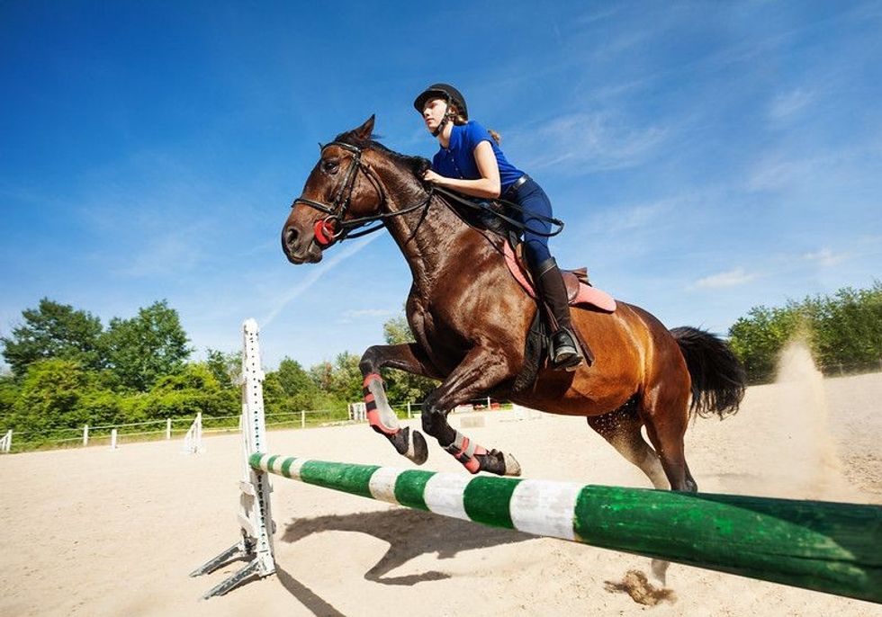 Bay horse with jockey girl jumping over a hurdle