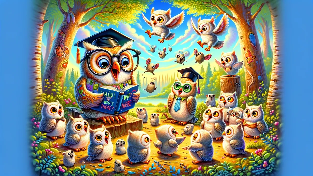 Big owl wearing a hat and goggles reading owl puns to baby owls.