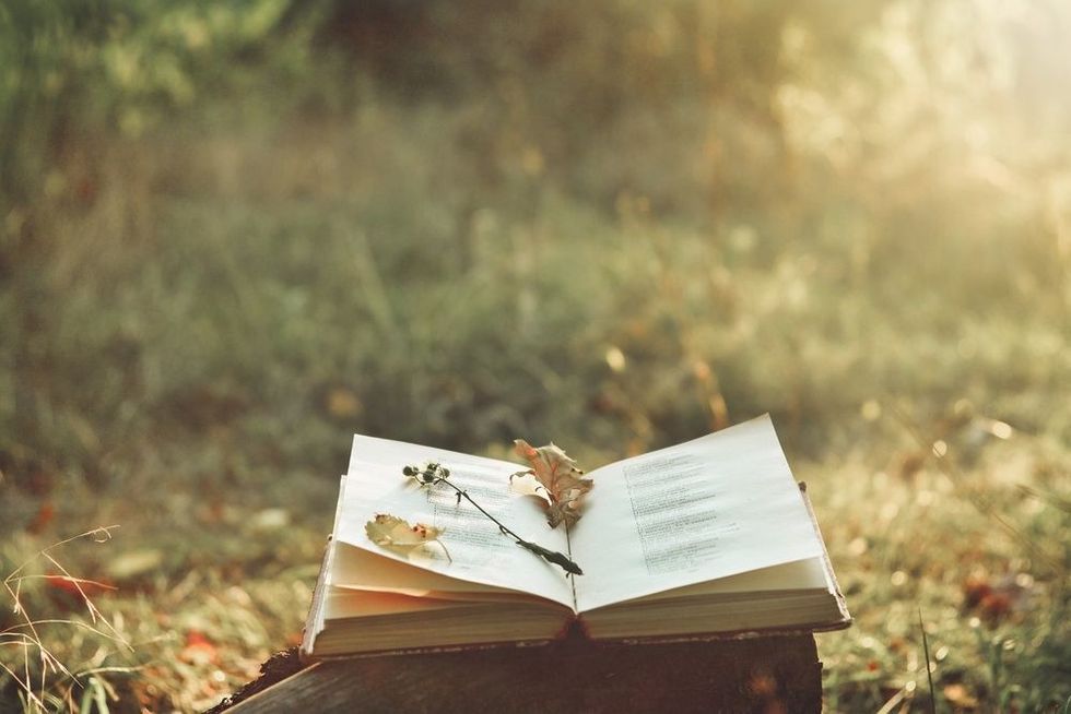 Book of poetry outdoors with flower