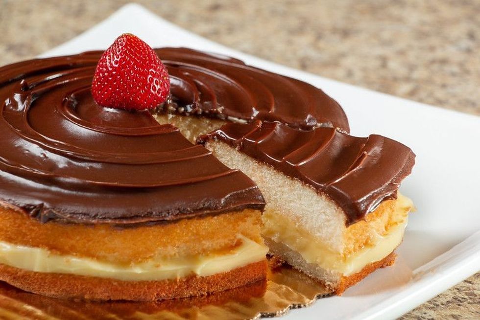 Boston cream pie cake on plate