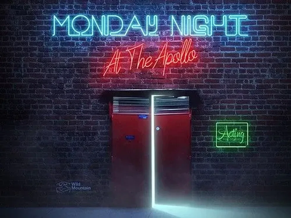 Bright lights above an opened door in the promo poster for Monday Nights at the Apollo.