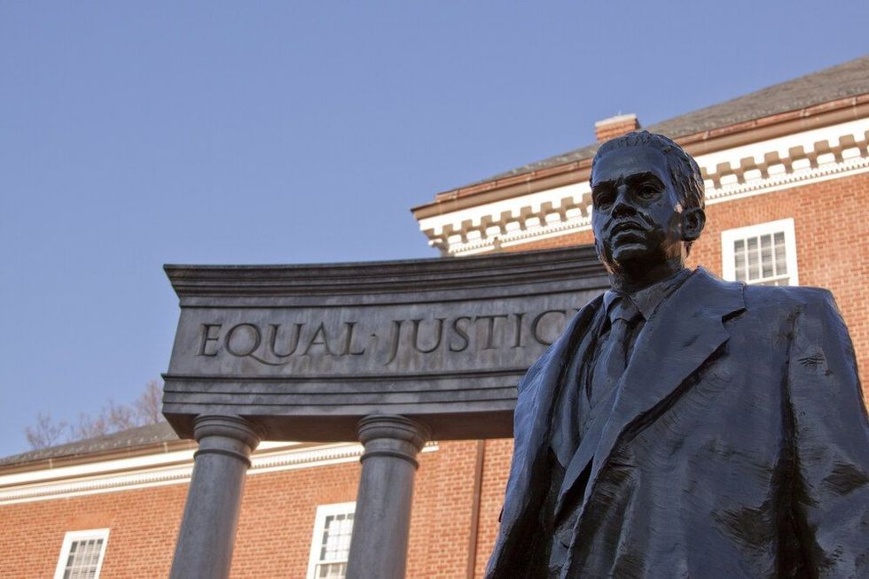 Bronze memorial statue of Thurgood Marshall, the first African American appointed to the U.S. Supreme Court in 1967 in Lawyers' Mall across from the Maryland State House in Annapolis, MD.