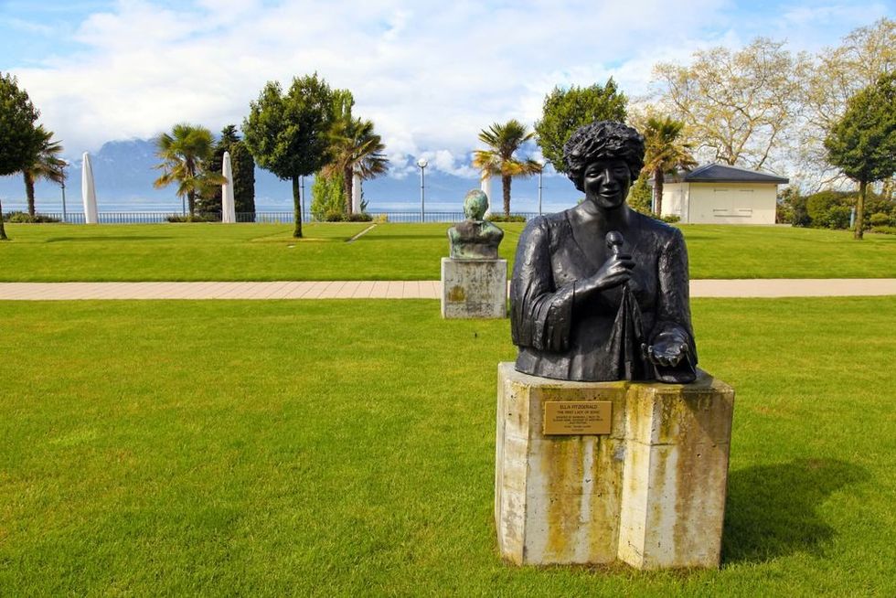 Bronze Statue to Ella Fitzgerald, created by artist Danielle Lauffer, stands in gardens of the Montreux Palace.