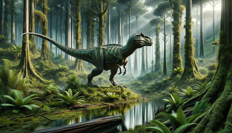 Bruhathkayosaurus in a lush, Late Cretaceous period forest, navigating through dense vegetation with towering trees and ferns, emphasizing its natural habitat.