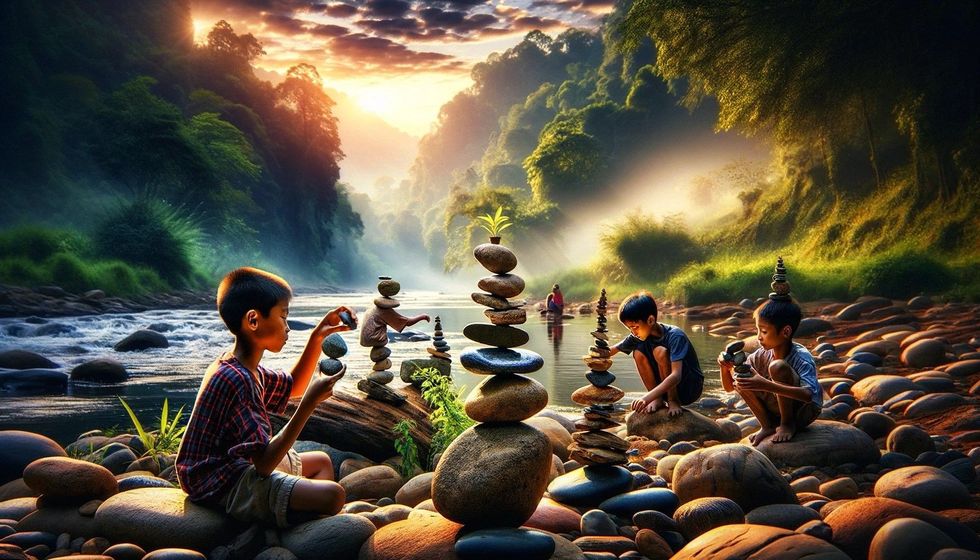 Children balancing rocks on a riverbank, showcasing concentration and joy in outdoor activities.