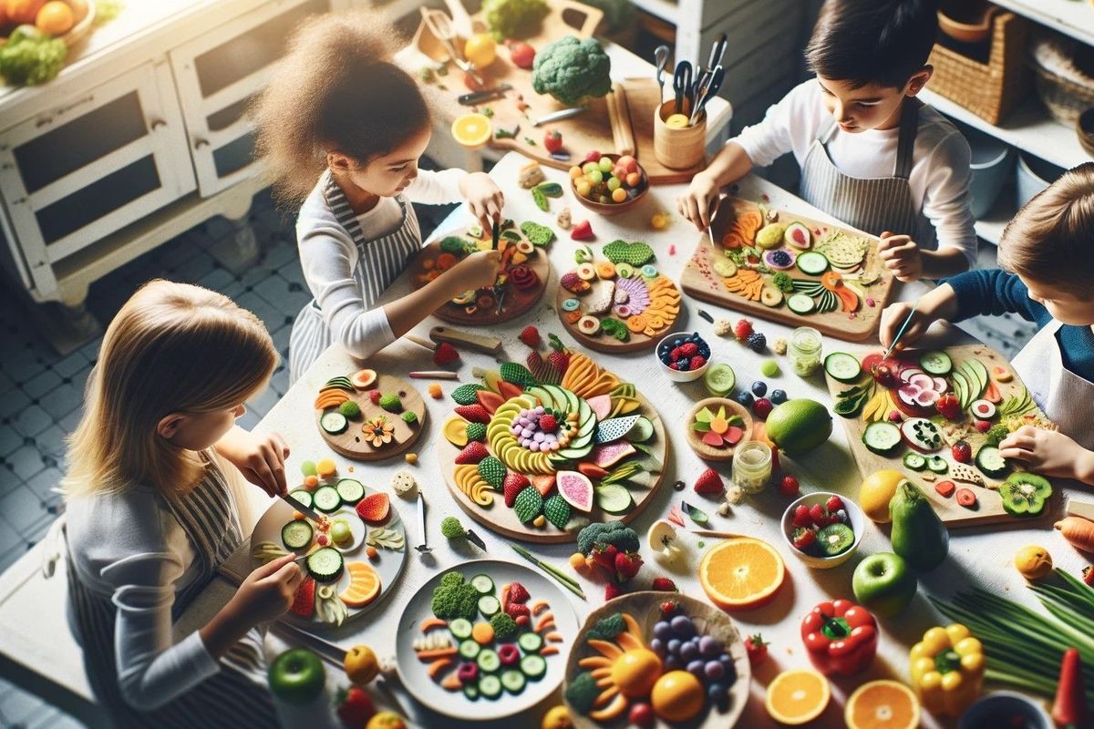 Children engaging in food art creation with colorful fruits and vegetables in a kitchen setting.