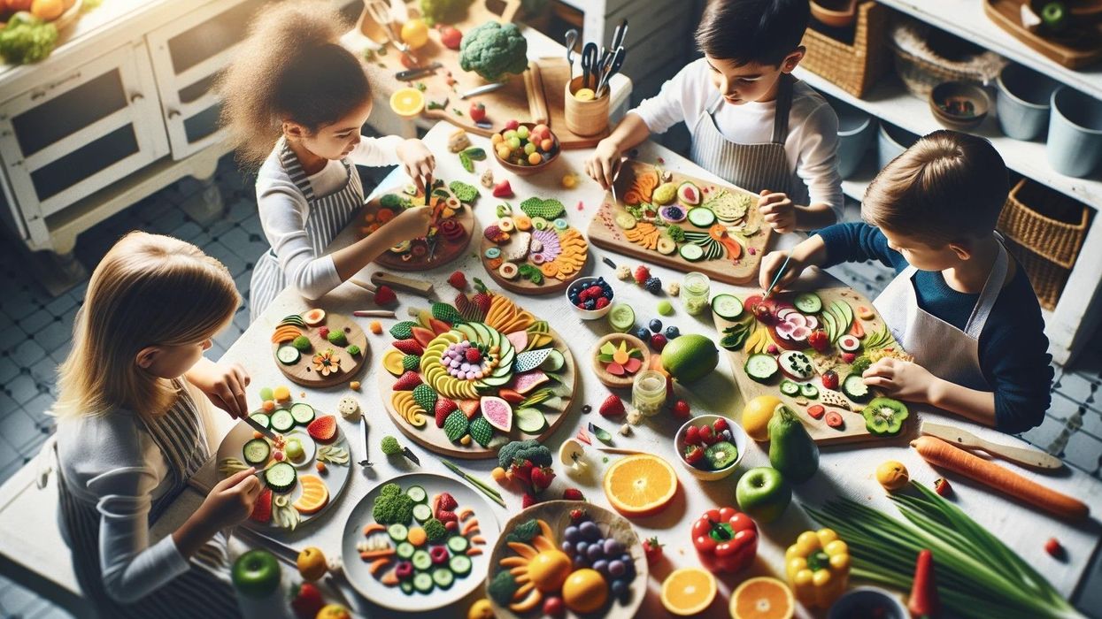 Children engaging in food art creation with colorful fruits and vegetables in a kitchen setting.