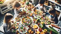 Children engaging in food art creation with colorful fruits and vegetables in a kitchen setting.