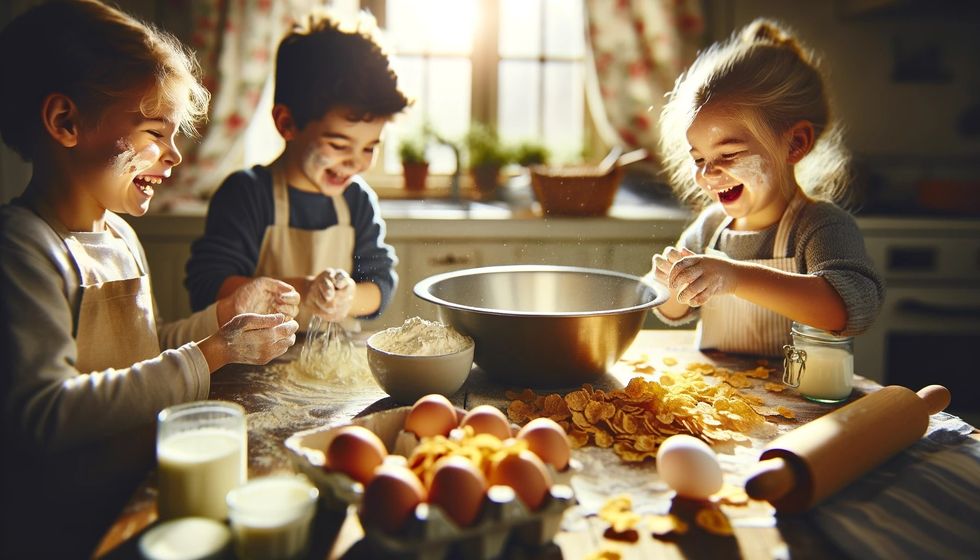 Children joyfully baking cornflake cakes with ingredients spread out on a kitchen table.