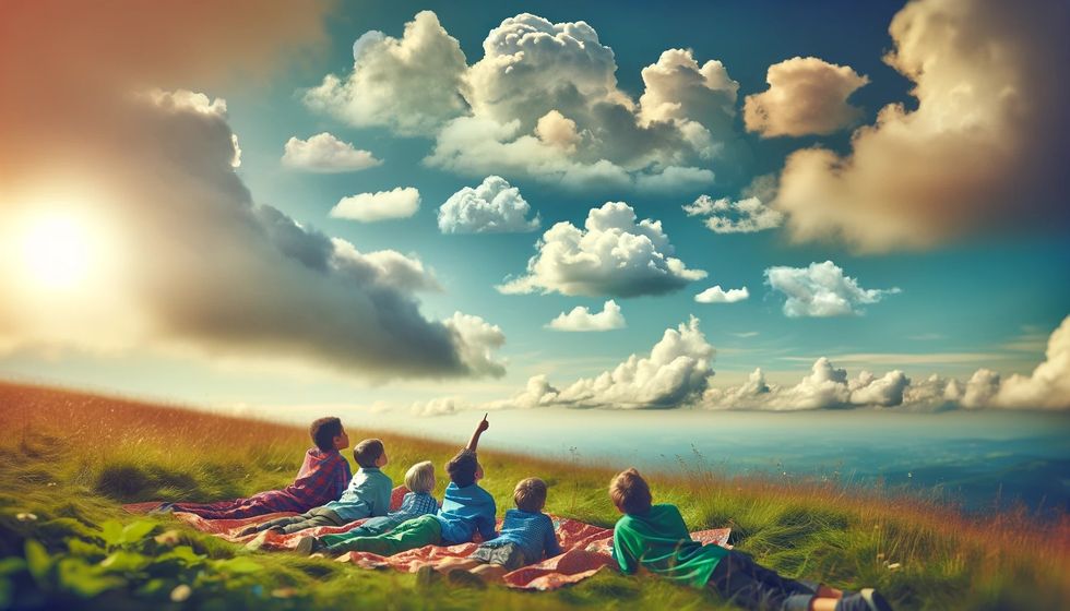 Children lying on a hill, gazing at the sky, embody the simplicity and joy of outdoor activities