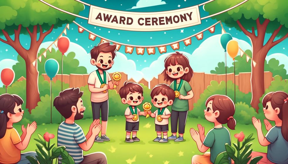 Children receiving handmade medals from their parents in a decorated garden during a family award ceremony.