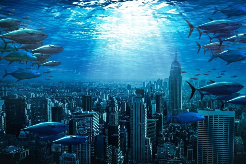 City under water -  global warming effect concept.