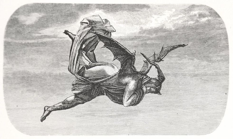 Classic illustration depicting Mephisto flying, drawn by August von Kreling in Wolfgang von Goethe's "Faust"