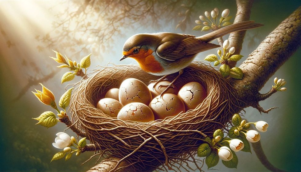Close-up of a robin's nest on a branch, with eggs cracking open as chicks begin to emerge, signaling new life.