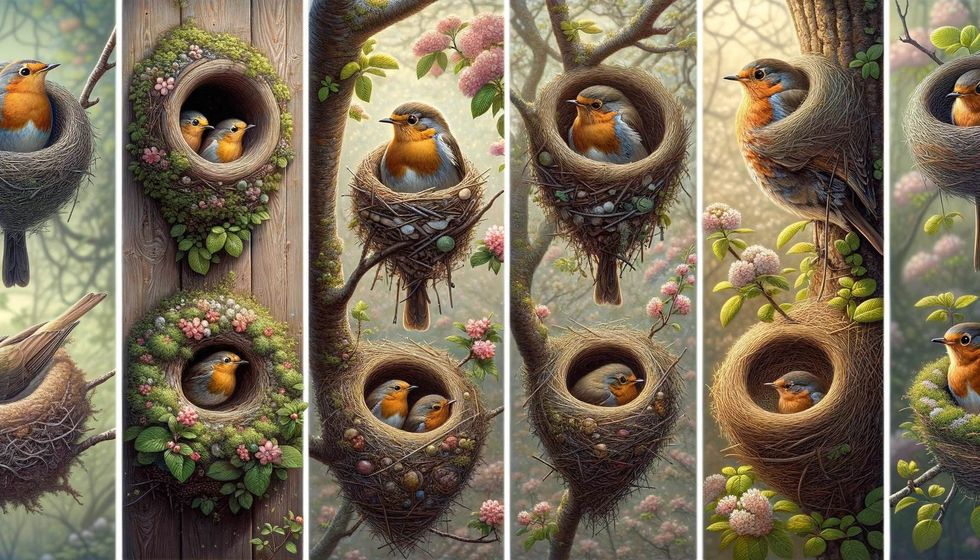 Close-up of robins' nests in various settings including a tree branch, a window ledge, and a bush, surrounded by spring foliage.