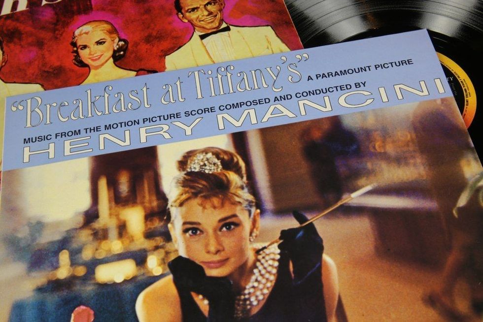 Close up of vinyl record cover soundtrack of Breakfast at tiffanys hollywood movie with Audrey Hepburn.