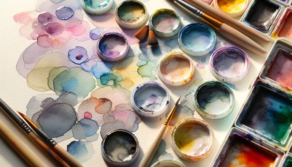 Close-up view of delicate watercolor paints in various colors on textured paper, showcasing their translucent and gentle blending