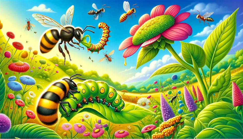 Colorful depiction of insects and their eating habits, showcasing diverse insect facts about their diet for kids.