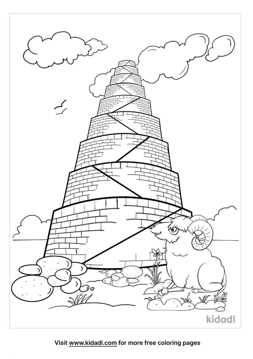 coloring page containing tower of babel