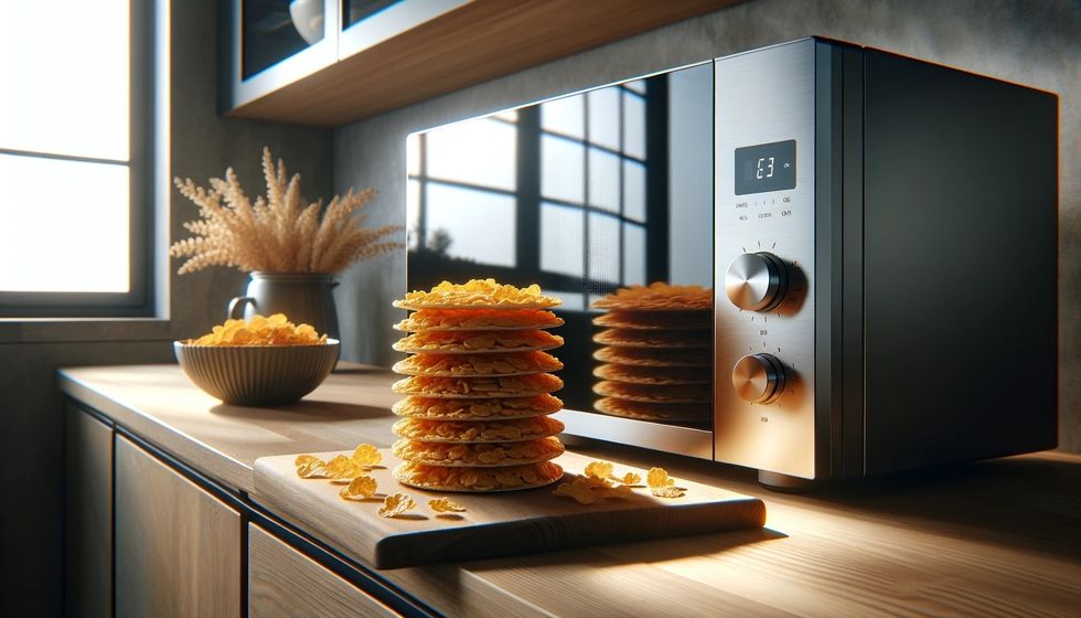 Cornflakes beside a microwave, illustrative of a homemade cornflake cake recipe in a cozy kitchen.