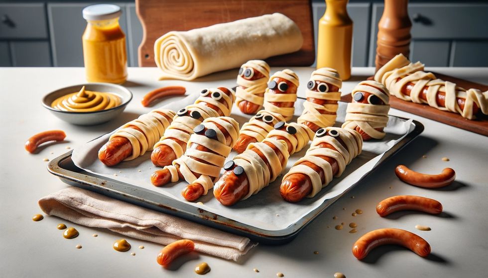 Creative food art of sausages wrapped in pastry to resemble Egyptian mummies in a kitchen setting.