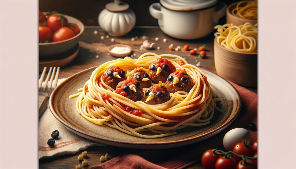 Creative food art of spaghetti and meatballs shaped like little birds in a nest, displayed in a kitchen setting.