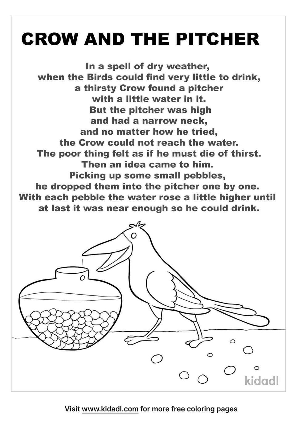 Crow and the Pitcher story and coloring page.