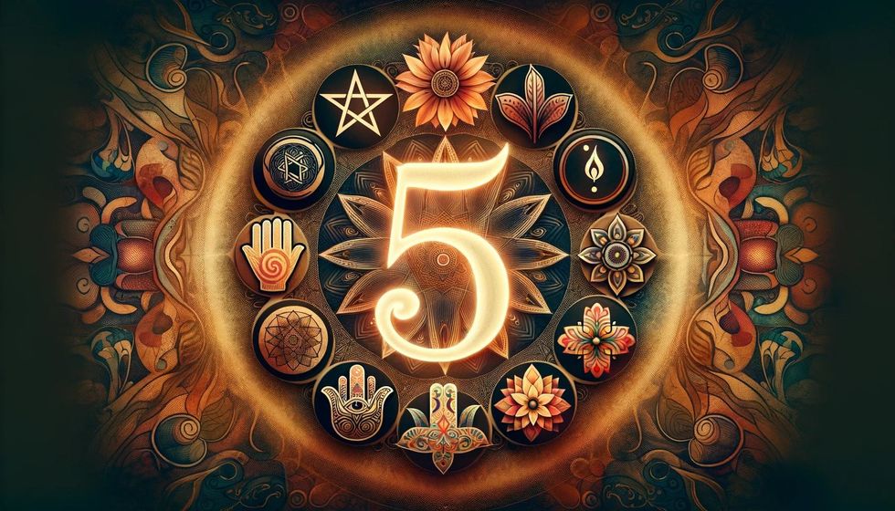 Cultural and symbolic representations associated with the number 5, including a pentagram, hamsa hand, and five-petaled flower, encircling a glowing numeral 5.