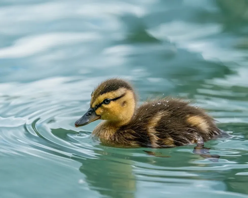 Cute Mallard baby duckling swimming in the water