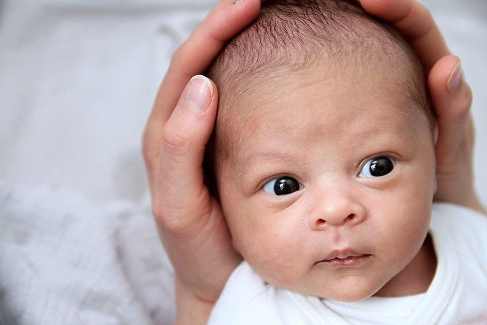 Cute newborn baby in parent's arms