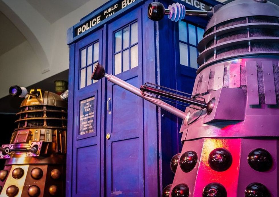 Dalek models and the Tardis from the tv series 'Doctor Who' at the Sci-Fi Scarborough convention.