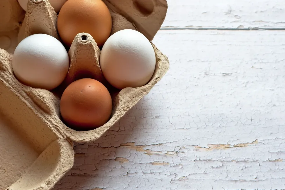 Deep brown and white-shelled eggs arranged in a carton crate.