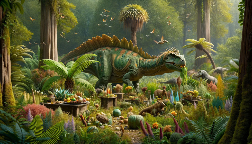 Depiction of the Einiosaurus diet, focusing on ferns, cycads, and flowering plants prevalent during the late Cretaceous period, arranged in their natural habitat.