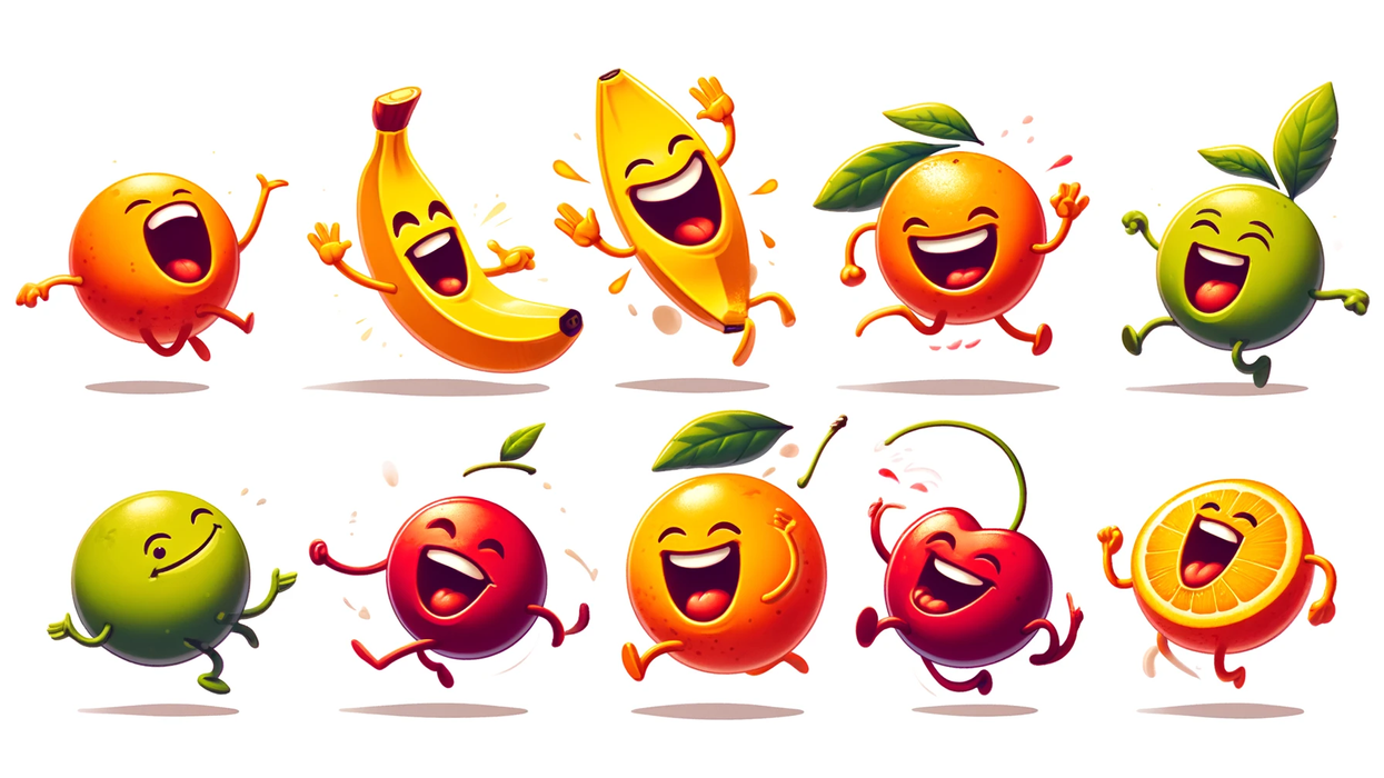 Different cheerful fruits, including a banana, orange, and cherries, all with joyful expressions, engaging in playful antics.