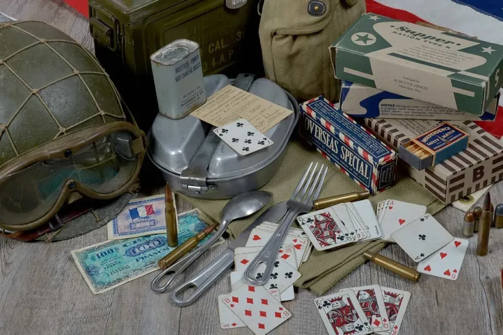 Display of items which were rations in WW2, including playing cards.