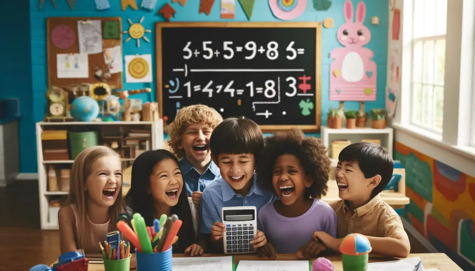 Diverse group of kids laughing in a classroom, one holding a calculator.