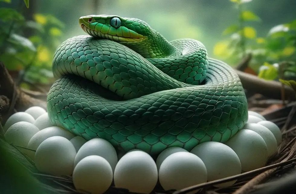 Eastern Green Mamba coiled around its white eggs in a lush, sunlit forest.