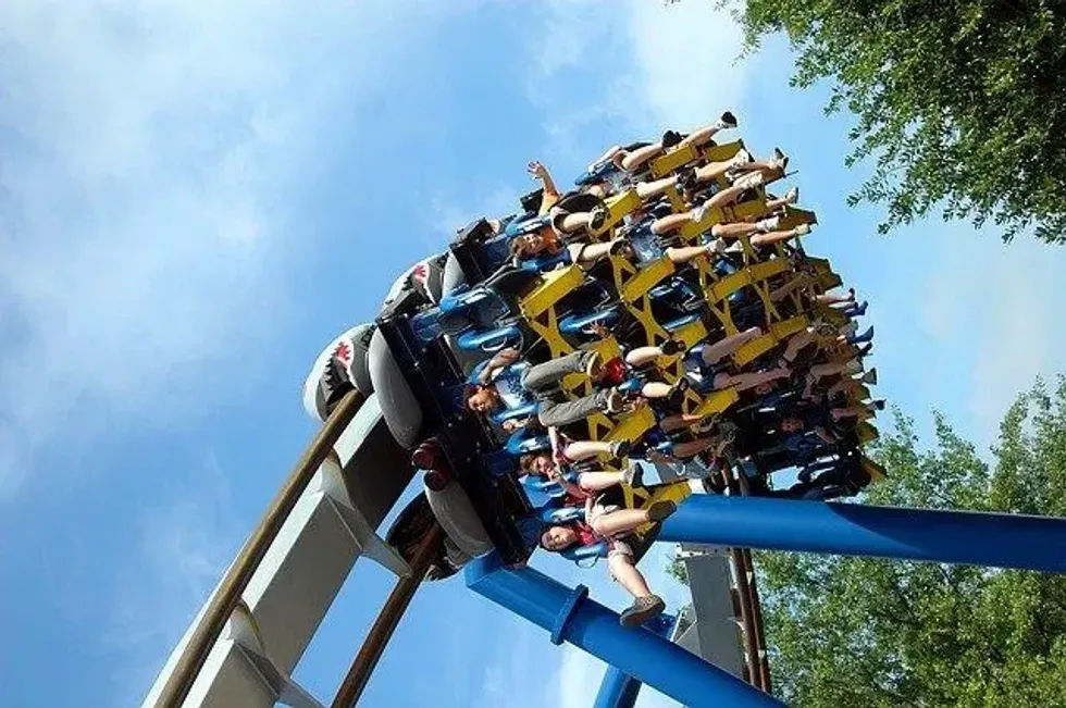 Excited riders on a blue and yellow roller coaster are at the top of a steep drop, with trees and blue sky in the background.