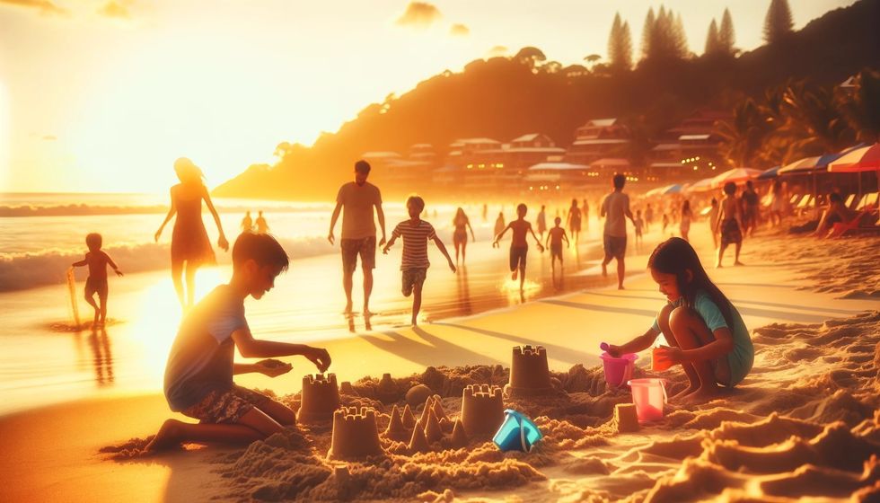 Families enjoy outdoor adventures, playing and building sandcastles on a sun-kissed beach