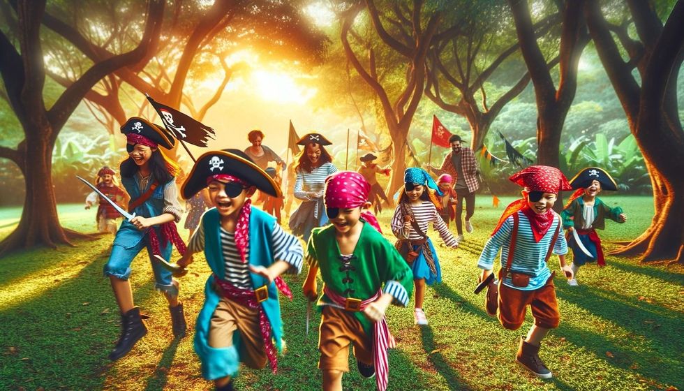 Families in pirate costumes enjoy outdoor adventures, playing and laughing together in a lush park