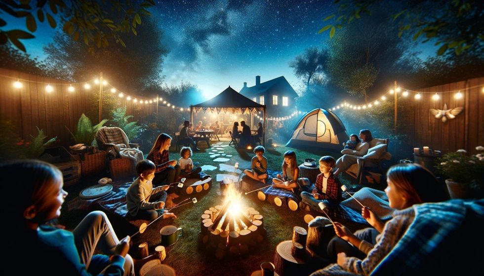 Families share a cozy backyard camping moment, roasting marshmallows and enjoying stories by the fire, embodying outdoor adventures.