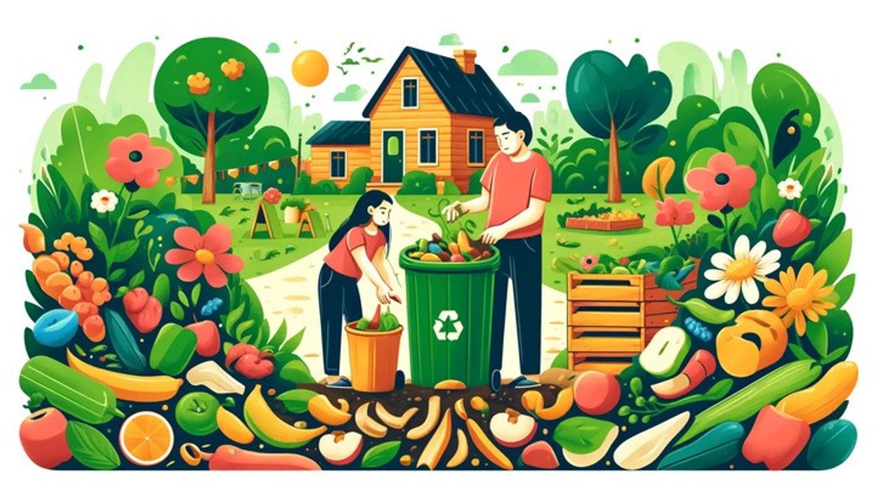 Family adding fruit peels, leaves, and vegetable scraps to a backyard compost bin with a thriving garden in the background.
