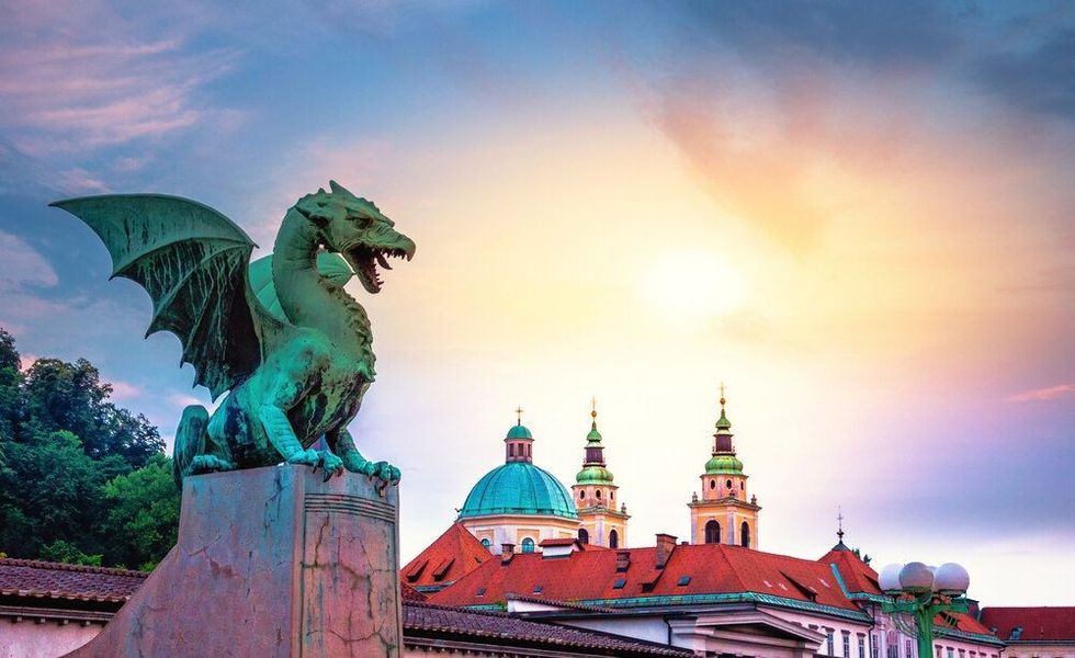 Famous Dragon bridge (Zmajski most), symbol of Ljubljana, capital of Slovenia, Europe.