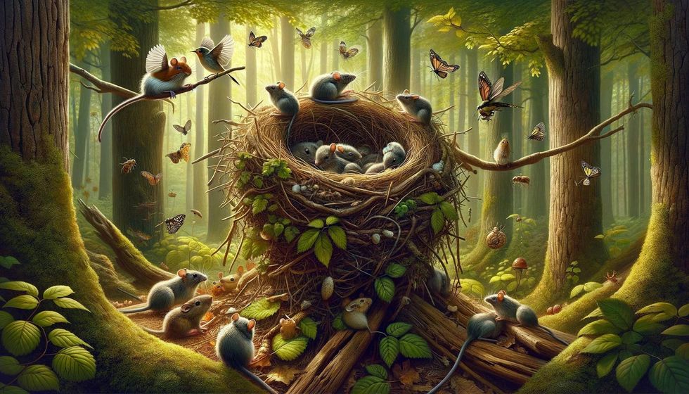 Forest scene with abandoned robin nests repurposed by mice, a squirrel, and insects, emphasizing nature's cycle.