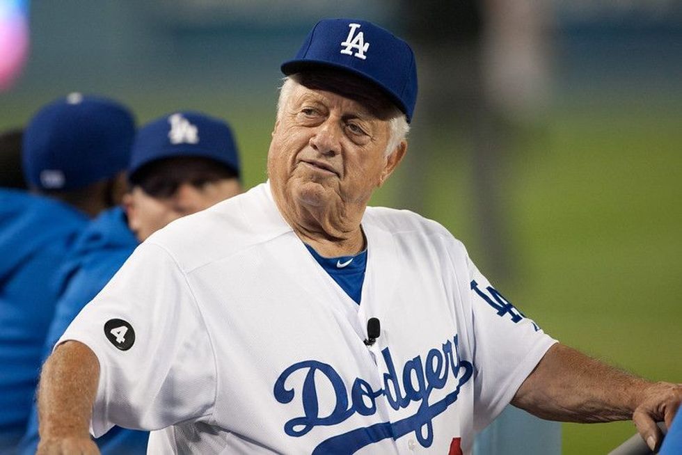 Former Los Angeles Dodgers manager Tommy Lasorda during the Major League Baseball game