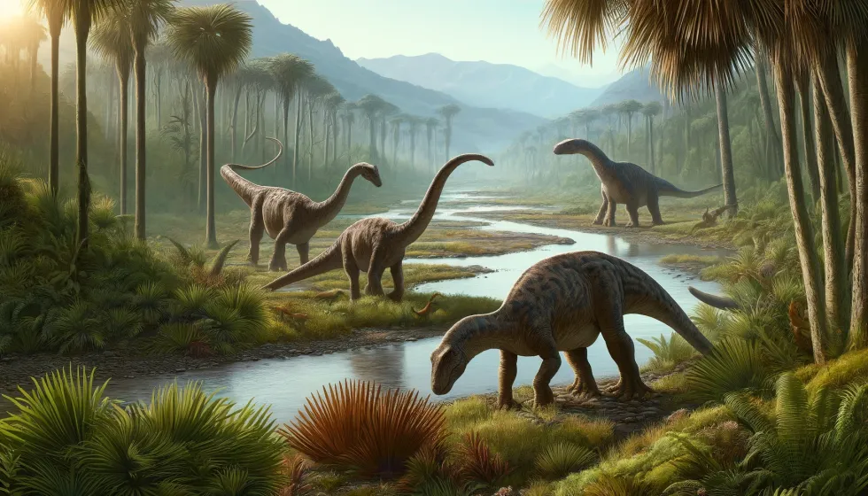 Four Aeolosaurus dinosaurs grazing in a prehistoric valley with a river.