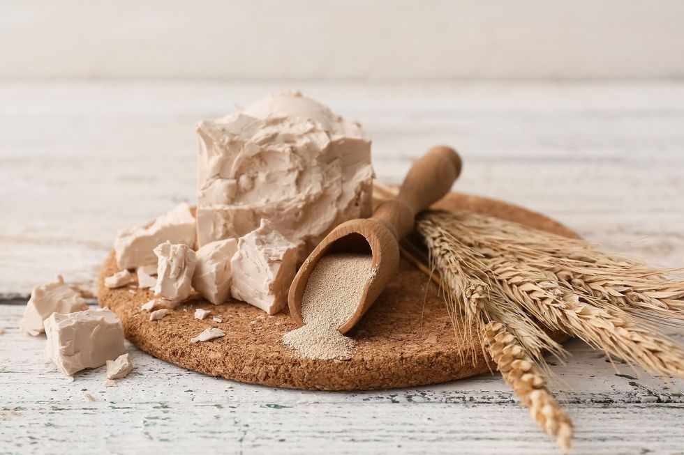 Fresh and dry yeast on light wooden background