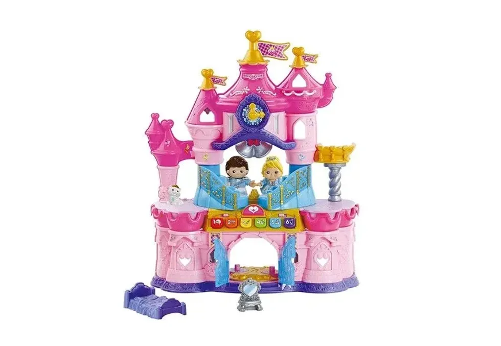 Fun and elegant mini pink magic castle with prince and princes doll.