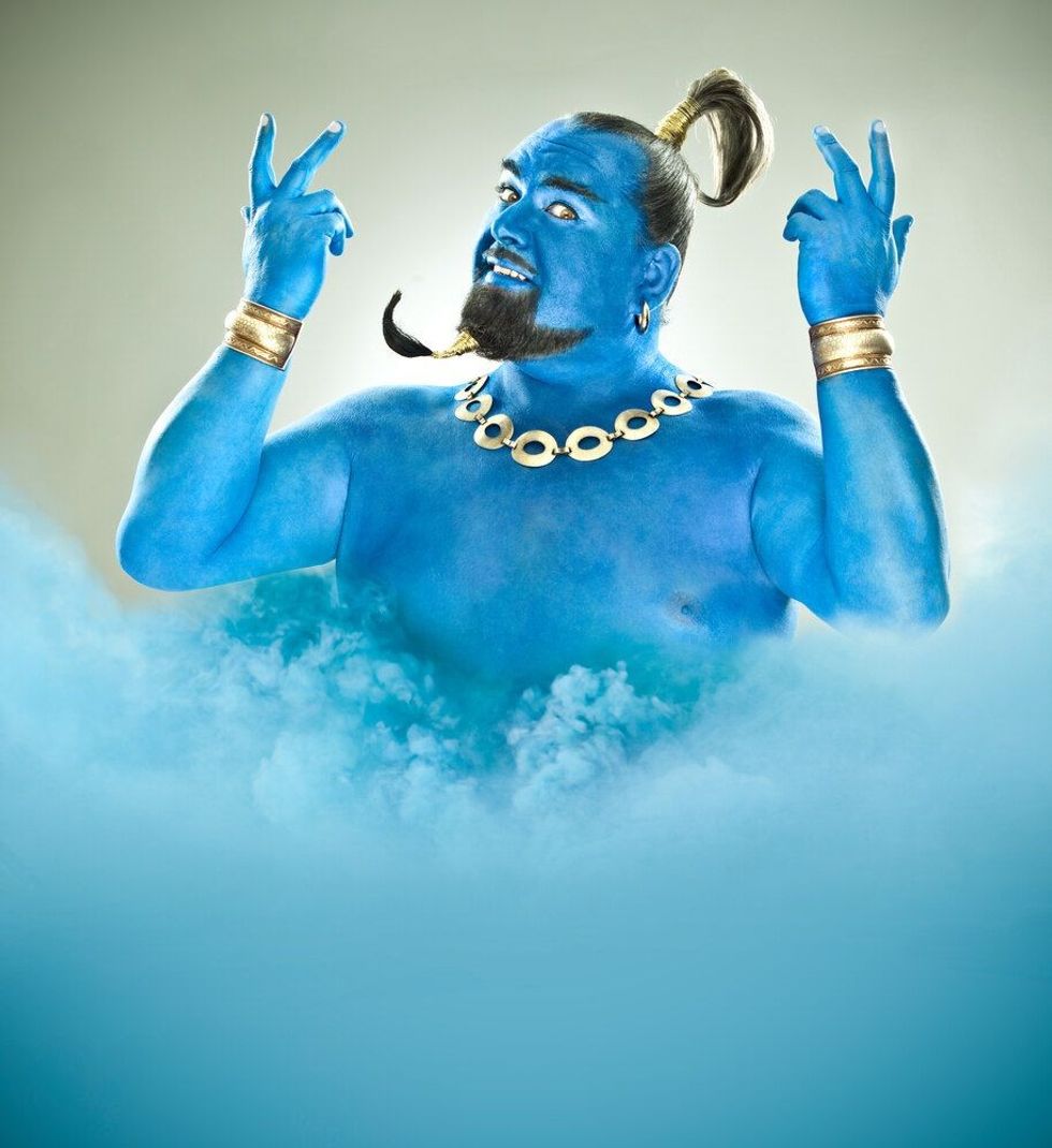 Genie of the lamp with smoke isolated on grey